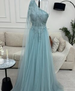 أجمل فستان سهرة تل بكتف واحد ملفوف