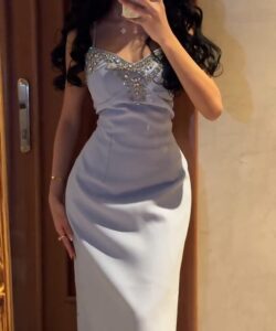 احلى فستان سهرة سماوي بدون أكمام