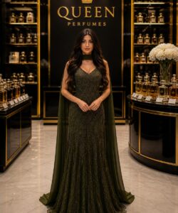 فستان سهرة حورية باللون الزيتي والعنابي